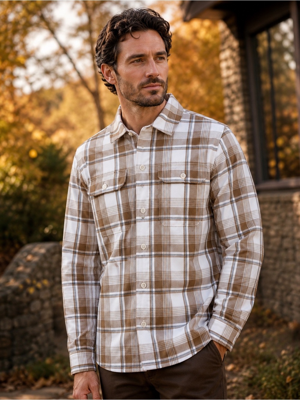 Michael Kors Men’s 100% Cotton Plaid Utility Shirt Tan White NWT M